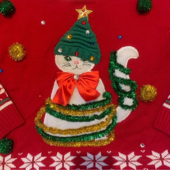 Ugly Christmas Sweater Cat With Tinsel Size Large - Picture 2 of 7